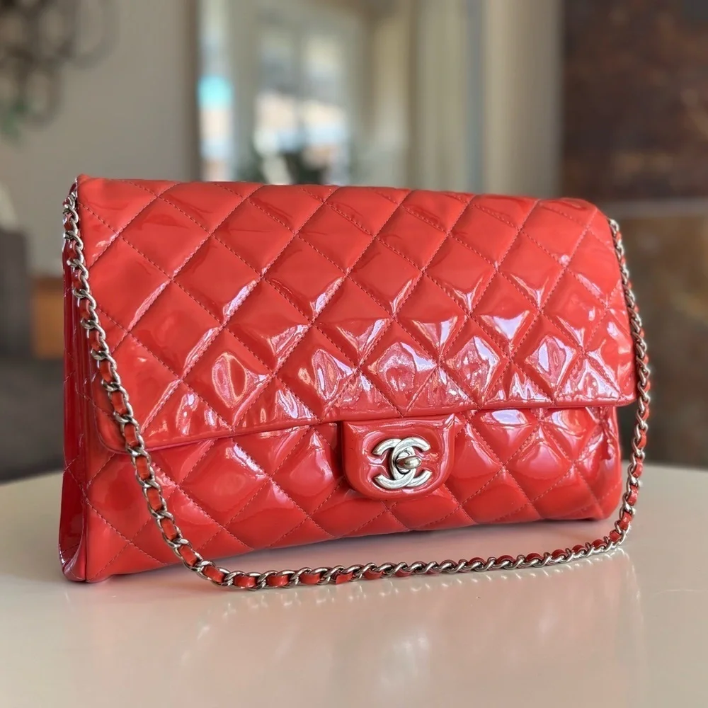Chanel CC Quilted Patent Flap Clutch Chain Orange Silver Shoulder Bag Purse